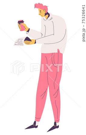 Sleepless man with coffee tumbler and papers in hand trying not to fall asleep. Insomnia and unhealthy lifestyle concept illustration isolated on white Sleepless man with coffee tumbler and papers in hand trying not to fall asleep. Insomnia and unhealthy lifestyle concept illustration isolated on white 75326641