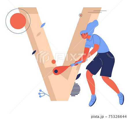 Concept sport letter V for vigoro. Woman with racket playing and smiling Concept sport letter V for vigoro. Woman with racket playing and smiling 75326644