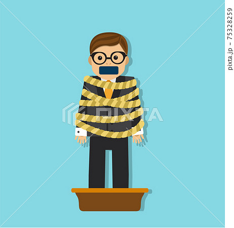 businessman with a sealed mouth tied with a rope and legs stand in a basin of concrete businessman with a sealed mouth tied with a rope and legs stand in a basin of concrete 75328259