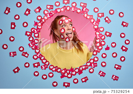 funny redhead woman stand happy by getting many rate for post funny redhead woman stand happy by getting many rate for post 75329254