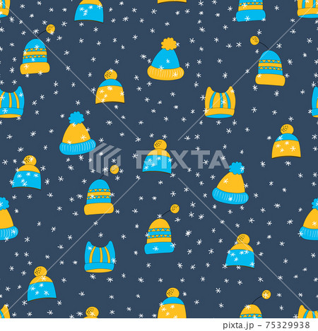Winter seamless pattern with winter hats on blue background. Cute vector winter warm knitted clothes in cartoon style. Christmas vector illustration. Holiday design for fabric, textile, wallpaper 75329938