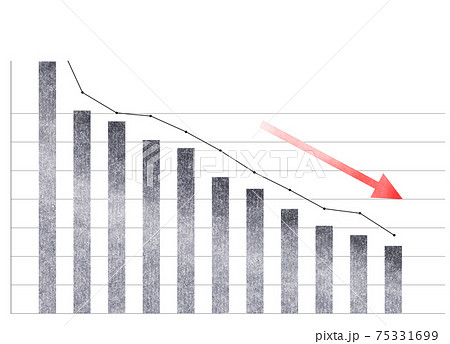 下降していくグラフとダウンする矢印 モノクロのイラスト素材