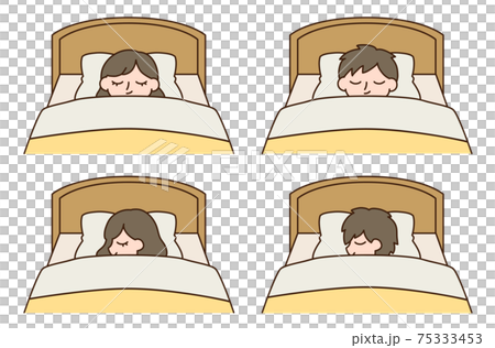 ベッドで眠る男女 仰向け 横向き寝のイラスト素材