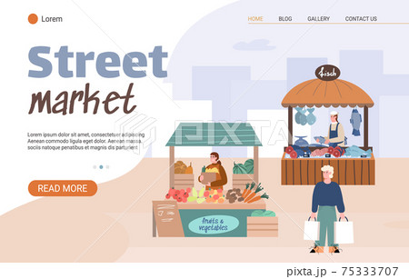 Website page for local farm street market, cartoon vector illustration. Website page for local farm street market, cartoon vector illustration. 75333707