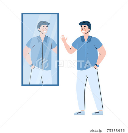 Self-assured young man in front of mirror, flat vector illustration isolated. 75333956