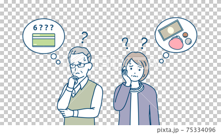 高齢者　年配　物忘れ　認知症　思い出せない　老夫婦　上半身　イラスト素材 75334096