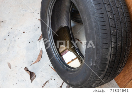 Old abandoned tyre with still water from rain condusive place for aedes mosquito breeding. Selective focus on water. Old abandoned tyre with still water from rain condusive place for aedes mosquito breeding. Selective focus on water. 75334641