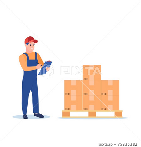 Warehouse worker checking goods on pallet stock. 75335382