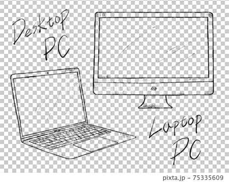 ノートpcとデスクトップpcの白黒手書きイラストイメージのイラスト素材