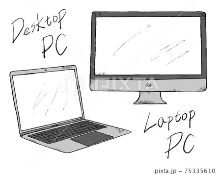 ノートpcとデスクトップpcの手書きイラストイメージのイラスト素材