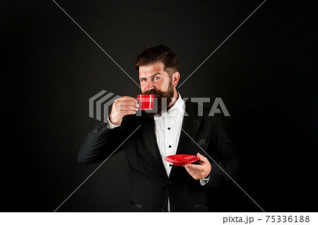 Man bearded hipster drinking coffee. Drinking coffee. Man bearded hipster drinking coffee. Drinking coffee. 75336188
