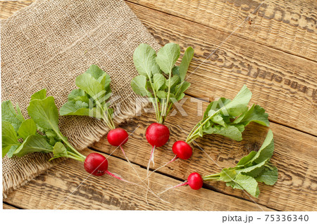 Ripe red radishes with green leaves on sackcloth and wooden boards. Ripe red radishes with green leaves on sackcloth and wooden boards. 75336340