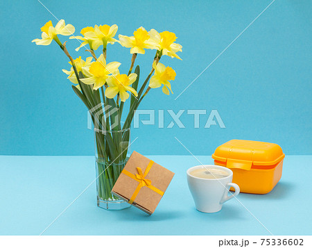 Bouquet of yellow daffodils in vase and a gift box on a blue background. 75336602