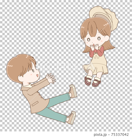 笑顔の男の子と驚く女の子（全身） 75337042