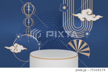 Blue Podium,minimal podium geometric and decoration color japanese tone.3D rendering Blue Podium,minimal podium geometric and decoration color japanese tone.3D rendering 75339174