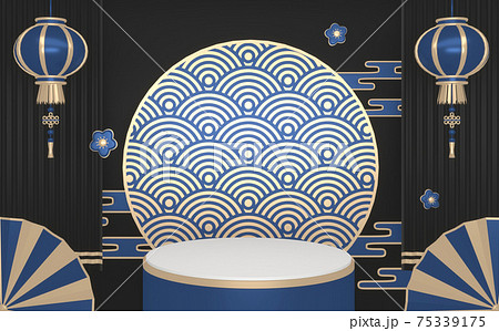 Blue Podium,minimal podium geometric and decoration color japanese tone.3D rendering Blue Podium,minimal podium geometric and decoration color japanese tone.3D rendering 75339175