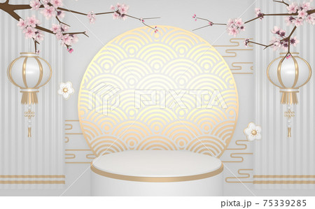 Sakura decoration and white granite podium on white background. 3D rendering Sakura decoration and white granite podium on white background. 3D rendering 75339285