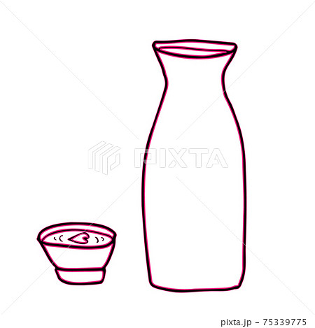 日本酒の熱燗 桜の花びらを浮かべたお猪口と徳利のイラスト 線画のイラスト素材