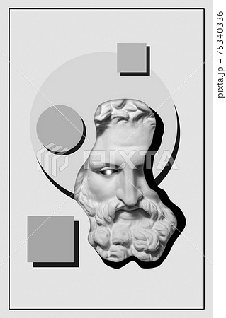 Collage with plaster antique sculpture of human face in a pop art style. Modern creative concept image with ancient statue head. Zine culture. Contemporary art poster. Funky minimalism. Retro design. 75340336