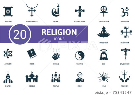 Religion icon set. Contains editable icons religion theme such as christianity, catholicism, hinduism and more. 75341547