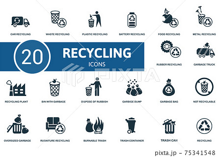 Recycling icon set. Contains editable icons recycling theme such as waste, battery recycling, metal recycling and more. 75341548