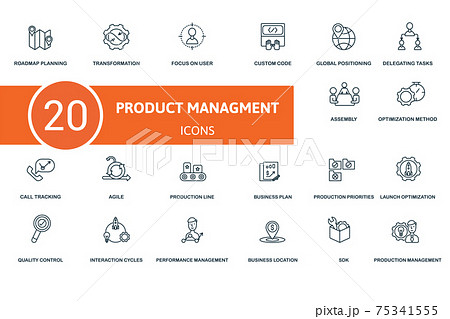 Production Management icon set. Contains editable icons production management theme such as transformation, custom code, delegating tasks and more. 75341555