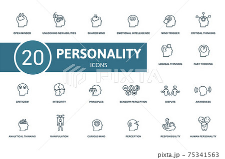 Personality icon set. Contains editable icons personality theme such as unlocking new abilities, emotional intelligence, critical thinking and more. 75341563