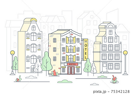 Modern Hotel House Building Concept Contour Linear Style. Vector 75342128