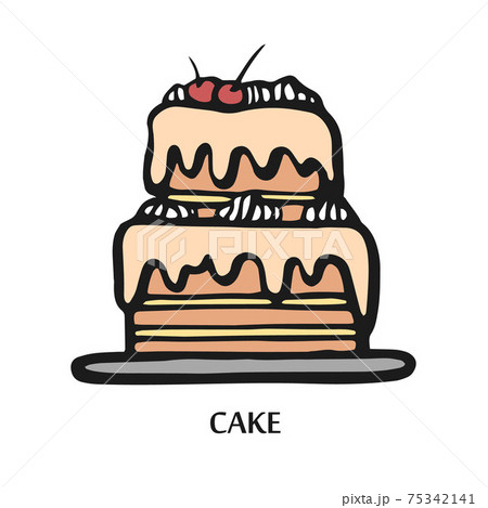 Bakery icon illustration. Hand drawn vector illustration of cake. Cake line emblem 75342141