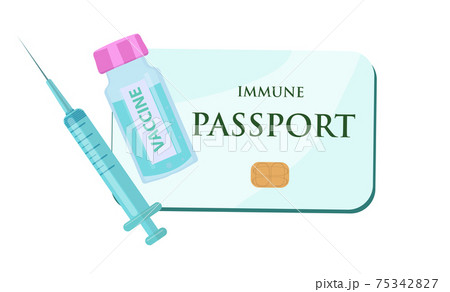 Covid 19 immune passport with test result, travel visa. Coronavirus vaccination certificate. Sars 2019-nCoV, Covid-19 pandemic end. Vector illustration 75342827