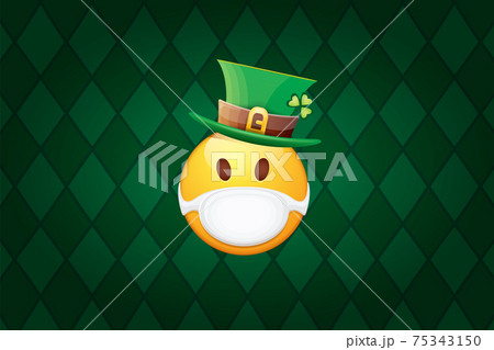Vector Emoji sticker with mouth medical protection mask and saint Patricks green hat isolated on green horizontal background. Yellow st. Patricks smile face character with hat and white surgeon mask. 75343150