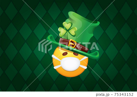 Vector Emoji sticker with mouth medical protection mask and saint Patricks green hat isolated on green horizontal background. Yellow st. Patricks smile face character with hat and white surgeon mask. Vector Emoji sticker with mouth medical protection mask and saint Patricks green hat isolated on green horizontal background. Yellow st. Patricks smile face character with hat and white surgeon mask. 75343152