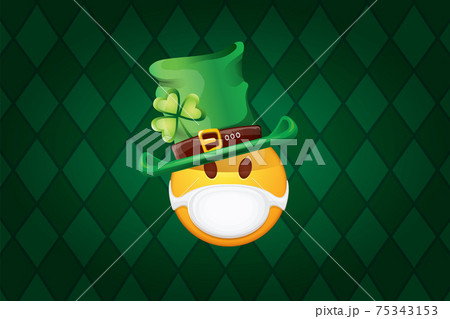 Vector Emoji sticker with mouth medical protection mask and saint Patricks green hat isolated on green horizontal background. Yellow st. Patricks smile face character with hat and white surgeon mask. Vector Emoji sticker with mouth medical protection mask and saint Patricks green hat isolated on green horizontal background. Yellow st. Patricks smile face character with hat and white surgeon mask. 75343153