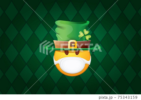 Vector Emoji sticker with mouth medical protection mask and saint Patricks green hat isolated on green horizontal background. Yellow st. Patricks smile face character with hat and white surgeon mask. Vector Emoji sticker with mouth medical protection mask and saint Patricks green hat isolated on green horizontal background. Yellow st. Patricks smile face character with hat and white surgeon mask. 75343159