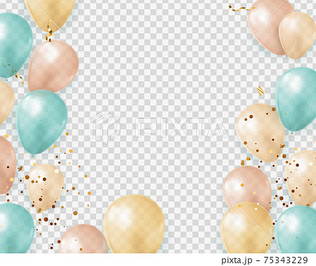 Party Glossy Holiday Transparent Background with Balloons and confetti. Vector Illustration 75343229