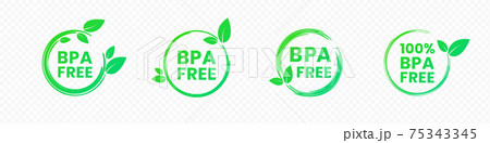 BPA Free icons. No Bisphenol A and phthalates round labels in bright green color with leaves. Vector illustration of non-toxic grade plastic. Concept of emblem for safe plastic ecological package 75343345
