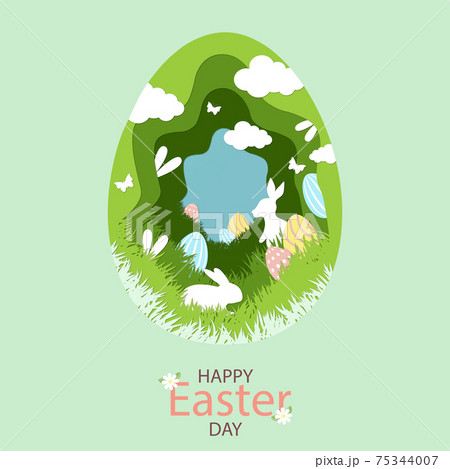 Paper-cut large Easter egg with holiday elements - Vector Paper-cut large Easter egg with holiday elements - Vector 75344007