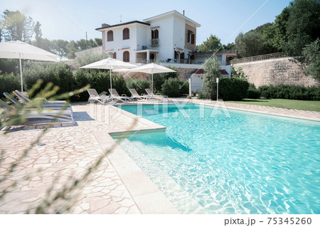 Pool with clear blue water on sunny day in residential the yard Pool with clear blue water on sunny day in residential the yard 75345260