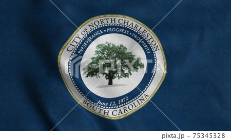 Flag of North Charleston city, South Carolina, United States, waving at wind, 3d illustration 75345328