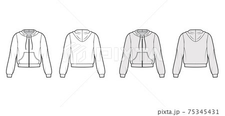 Zip-up Hoody sweatshirt technical fashion illustration with long sleeves, relax body, kangaroo pouch, banded, drawstring 75345431
