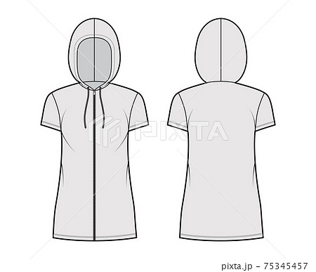 Zip-up Hoody dress technical fashion illustration with short sleeves, mini length, oversized body, Pencil fullness 75345457