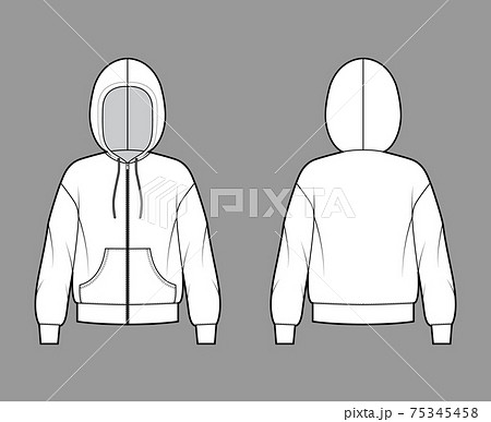 Zip-up Hoody sweatshirt technical fashion illustration with long sleeves, oversized body, kangaroo pouch, drawstring 75345458
