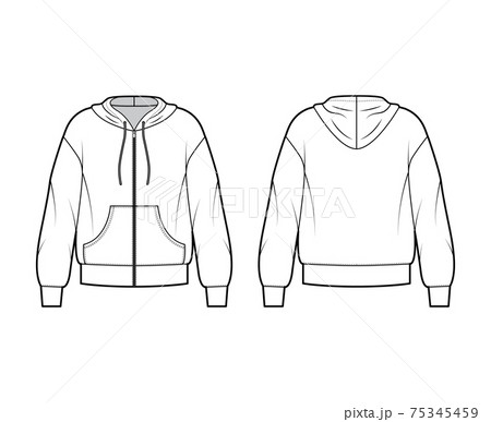Zip-up Hoody sweatshirt technical fashion illustration with long sleeves, oversized body, kangaroo pouch, banded hem. 75345459