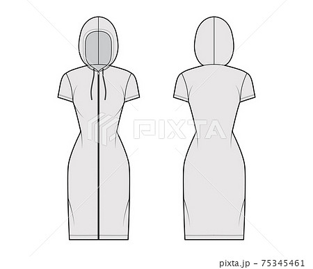Zip-up Hoody dress technical fashion illustration with short sleeves, knee length, fitted body, Pencil fullness. Flat 75345461