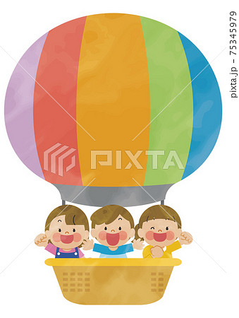 気球に乗る子供たち 水彩のイラスト素材