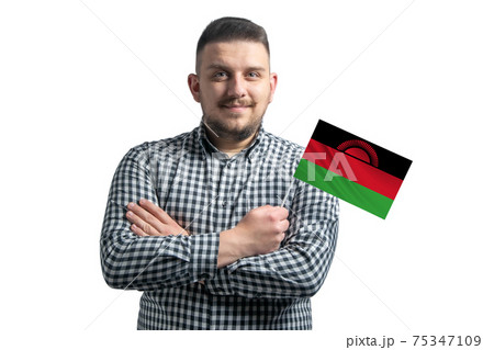 White guy holding a flag of Malawi smiling confident with crossed arms isolated on a white background White guy holding a flag of Malawi smiling confident with crossed arms isolated on a white background 75347109