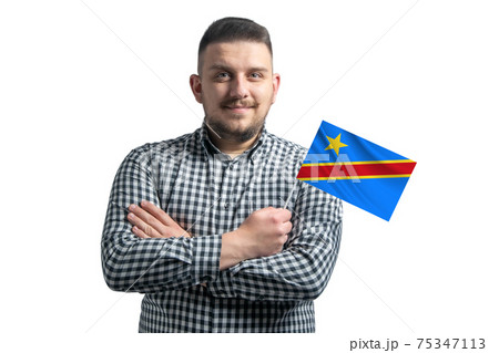 White guy holding a flag of Democratic Republic of the Congo smiling confident with crossed arms isolated on a white background 75347113