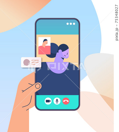 hand using mobile app for virtual conference meeting friends discussing during video call on smartphone screen hand using mobile app for virtual conference meeting friends discussing during video call on smartphone screen 75348027