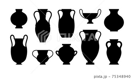 Greek Vases Black Silhouettes in A Simple Style. Vector Illustrations of various Clay Vessels Greek Vases Black Silhouettes in A Simple Style. Vector Illustrations of various Clay Vessels 75348940
