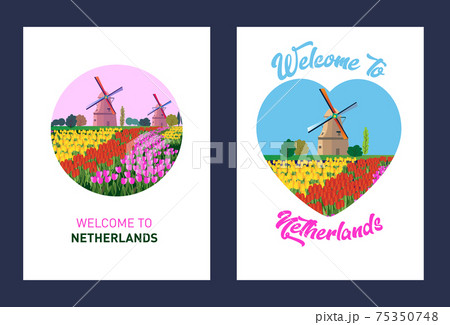 Welcome to Netherlands greeting souvenir cards, print or poster design template. Travel to Amsterdam vector flat illustration. Circle, heart shapes and frame background set. 75350748
